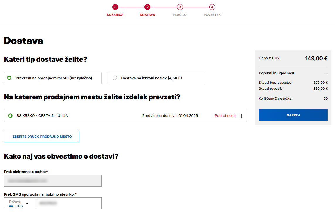 Korak dostave v Petrol eShop. Izbran je brezplačen prevzem na prodajnem mestu BS Krško – Cesta 4. julija, s predvidenim datumom dostave 01.04.2026. Možnost izbire dostave na naslov za 4,50 €. Vnos e-pošte in telefonske številke za obveščanje o dostavi. Na desni strani prikazan skupni znesek 149,00 €.